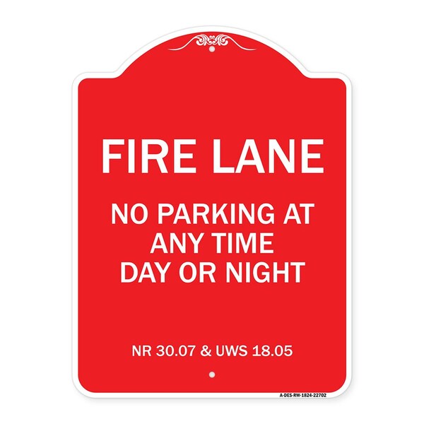 Signmission Wisconsin Fire Lane No Parking Anytime Day or Night, Red & White Alum Sign, 18" x 24", RW-1824-22702 A-DES-RW-1824-22702 - main